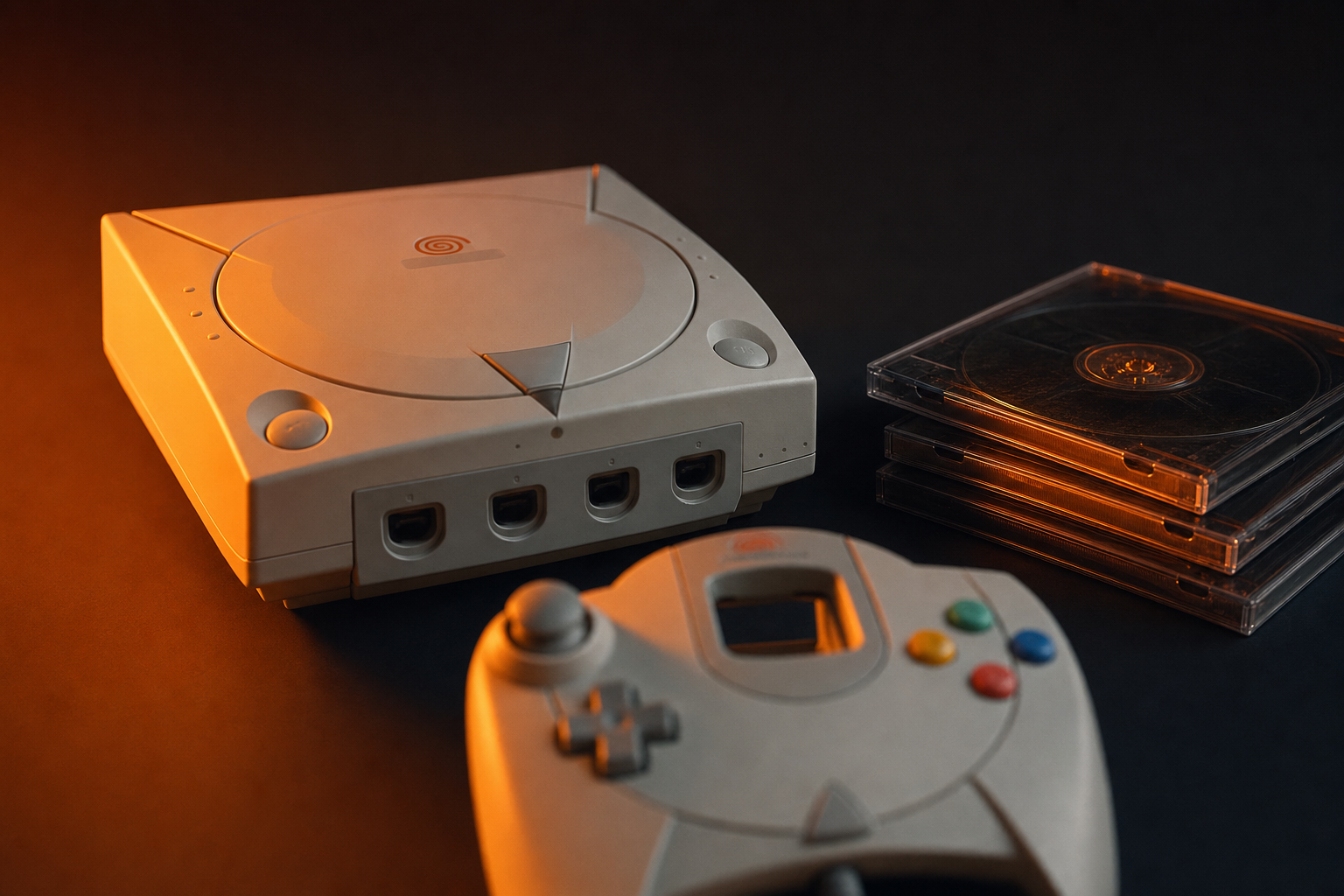 Sega Dreamcast console with controller and GD-ROM cases under warm studio light