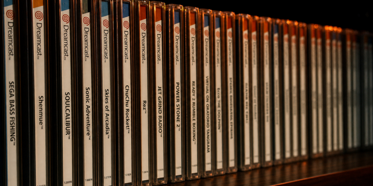 Sega Dreamcast GD-ROM jewel cases on collector shelf